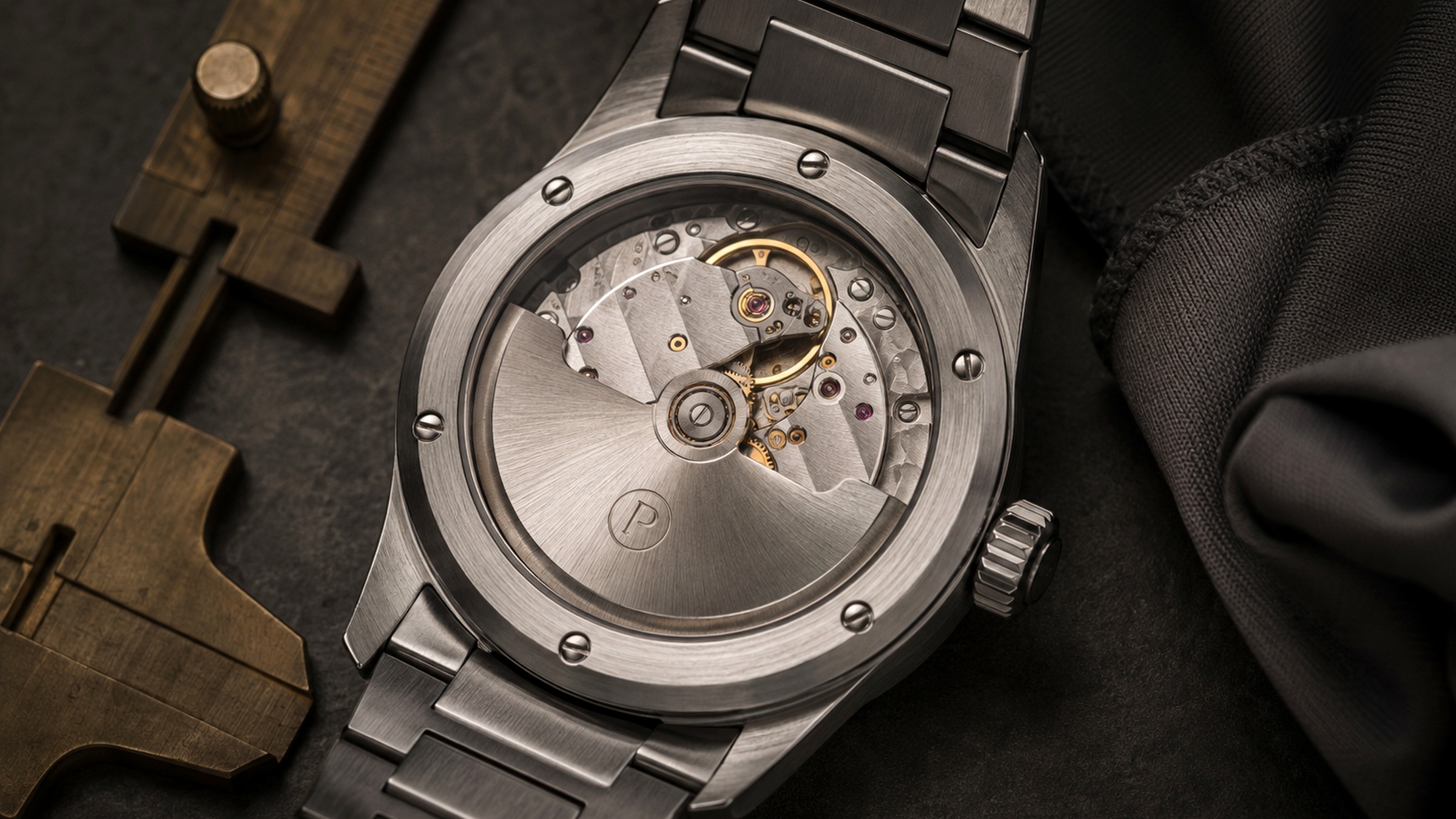 Prototype watch caseback and movement detail