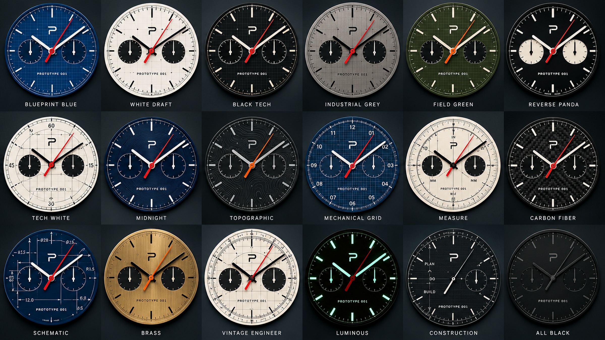 Prototype 001 dial options: Blueprint, Drafting, and Black
